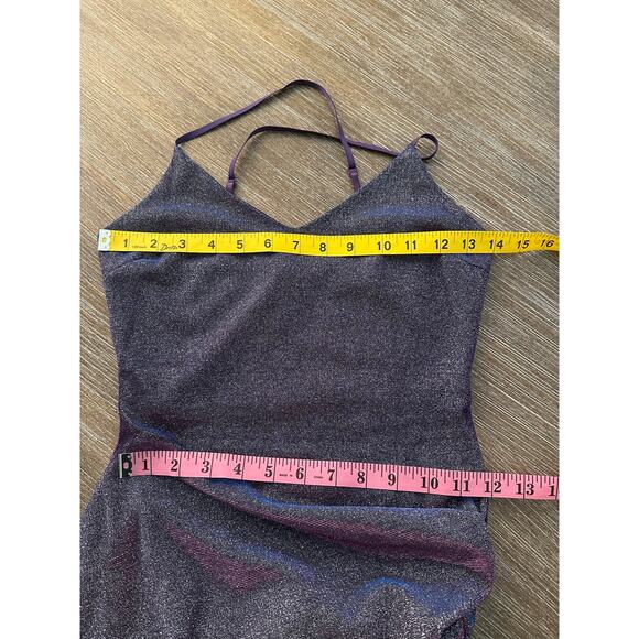 Q Women Purple Glitter Shimmer Asymmetrical Spaghetti Strap Side Ruched Dress S - Picture 5 of 8